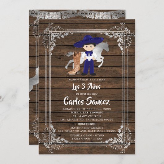 Silver and Royal Blue Wood Charro Third Birthday Kaart (Voorkant / Achterkant)