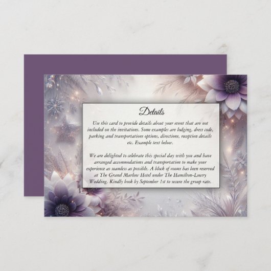 Silver and Soft Amethyst Winter Blooms Wedding Informatiekaartje (Voorkant / Achterkant)