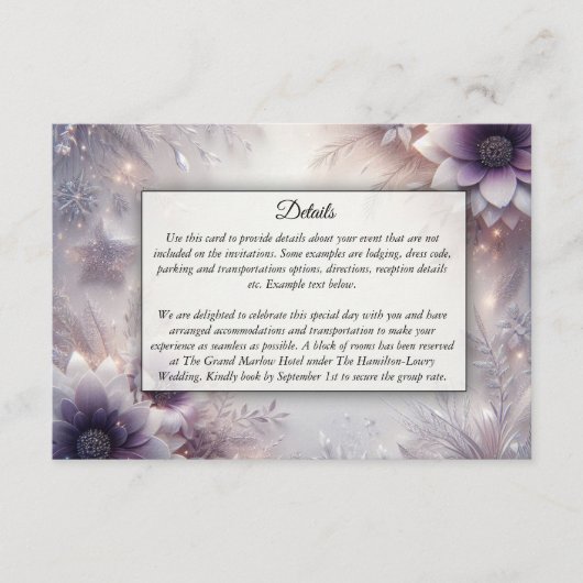 Silver and Soft Amethyst Winter Blooms Wedding Informatiekaartje (Voorkant)