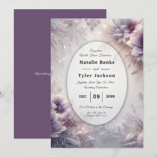 Silver and Soft Amethyst Winter Blooms Wedding Kaart (Voorkant / Achterkant)