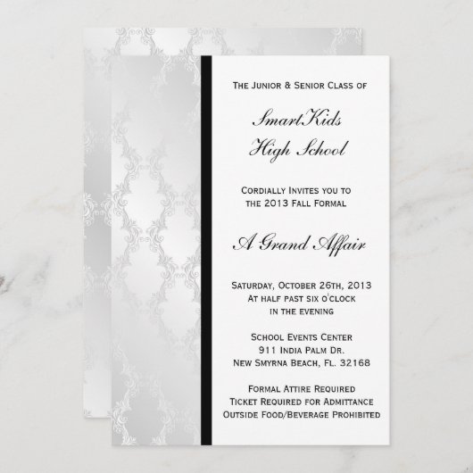 Silver and White Damask School Prom of Formal Kaart (Voorkant / Achterkant)