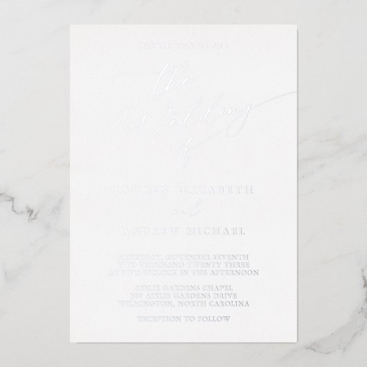 Silver and White Folie Minimalist Wedding Folie Uitnodiging (Voorkant)