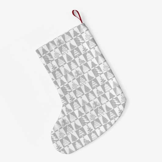 Silver and White Kerstbomen Holiday Pattern Kleine Kerstsok (Achterkant (Hangend))