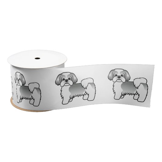 Silver and White Shih Tzu Cute Cartoon Dog Satijnen Lint (Spoel)