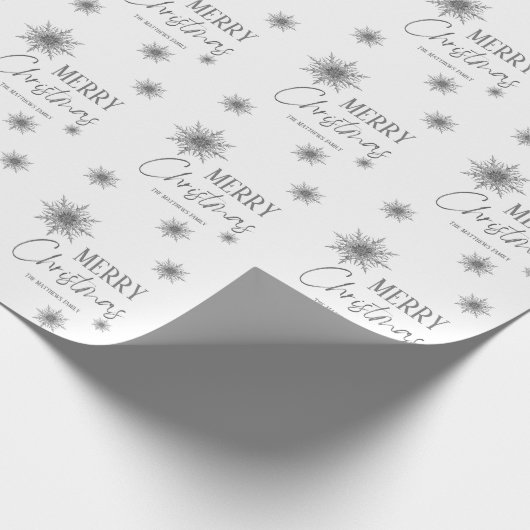Silver and White Snowflake Script-Kerstmis Cadeaupapier (Hoek)