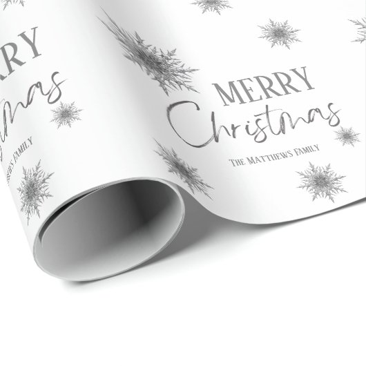 Silver and White Snowflake Script-Kerstmis Cadeaupapier (Rol Hoek)
