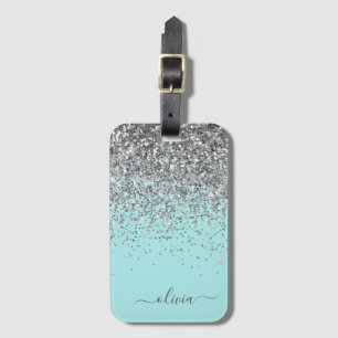 Silver Aqua Blauwgroen Blue Girly Glitter Monogram Bagagelabel