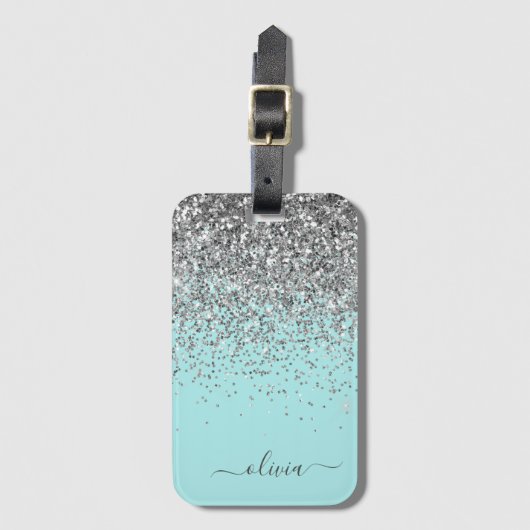 Silver Aqua Blauwgroen Blue Girly Glitter Monogram Bagagelabel (Voorkant (verticaal))