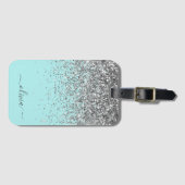 Silver Aqua Blauwgroen Blue Girly Glitter Monogram Bagagelabel (Voorkant (horizontaal))