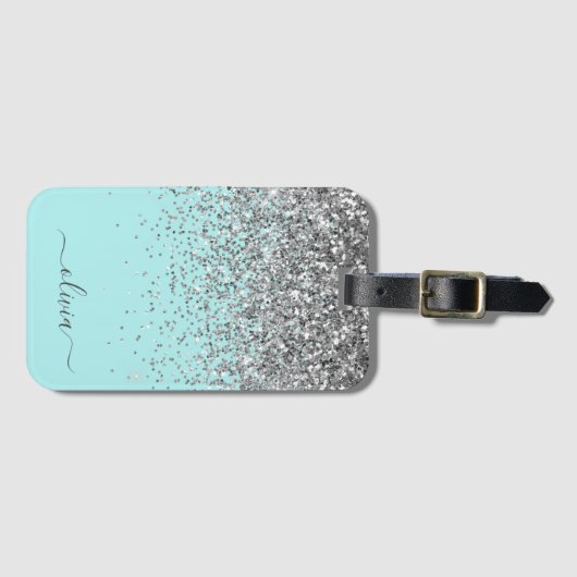 Silver Aqua Blauwgroen Blue Girly Glitter Monogram Bagagelabel (Voorkant (horizontaal))