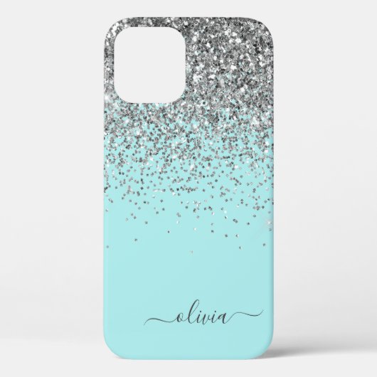 Silver Aqua Blauwgroen Blue Girly Glitter Monogram Case-Mate iPhone Case (Achterkant)