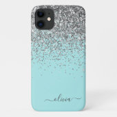 Silver Aqua Blauwgroen Blue Girly Glitter Monogram Case-Mate iPhone Case (Achterkant)