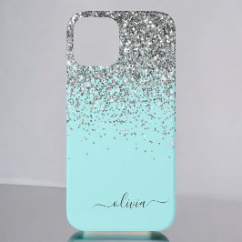 Silver Aqua Blauwgroen Blue Girly Glitter Monogram Case-Mate iPhone Case