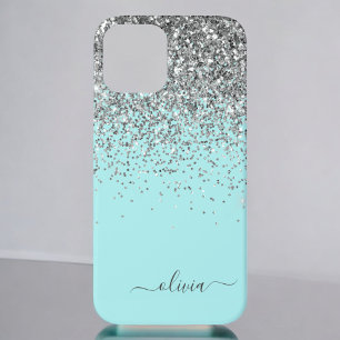 Silver Aqua Blauwgroen Blue Girly Glitter Monogram Case-Mate iPhone Case