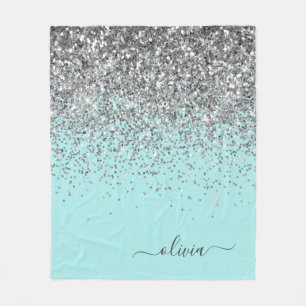 Silver Aqua Blauwgroen Blue Girly Glitter Monogram Fleece Deken