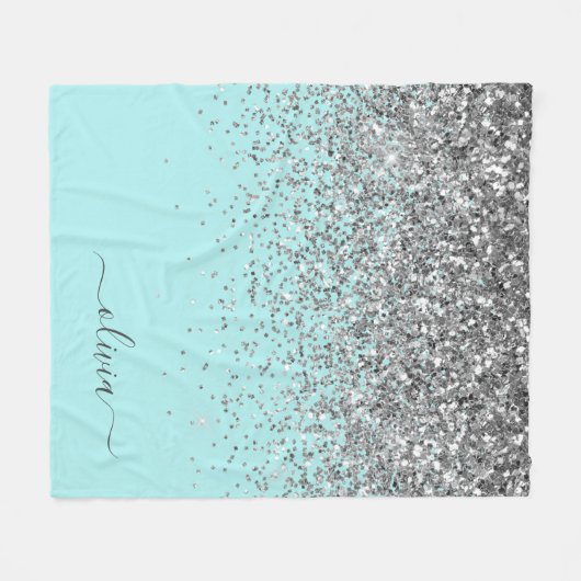 Silver Aqua Blauwgroen Blue Girly Glitter Monogram Fleece Deken (Voorkant (Horizontaal))