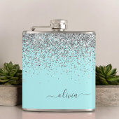 Silver Aqua Blauwgroen Blue Girly Glitter Monogram Heupfles
