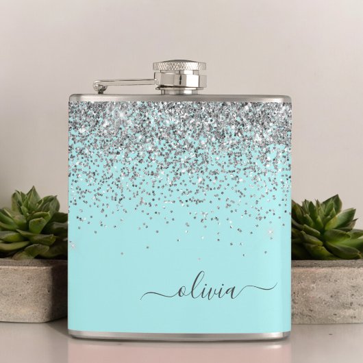 Silver Aqua Blauwgroen Blue Girly Glitter Monogram Heupfles