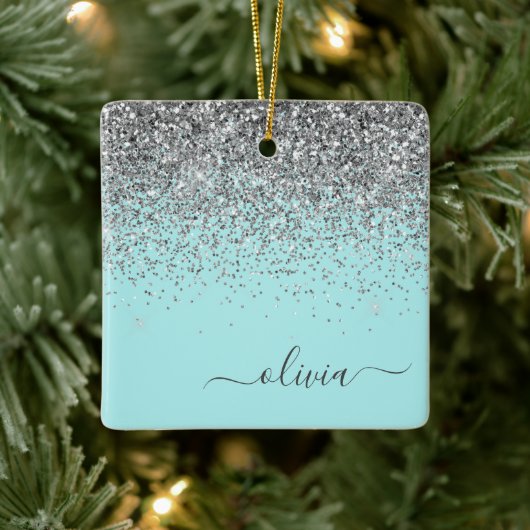 Silver Aqua Blauwgroen Blue Girly Glitter Monogram Keramisch Ornament (Boom)