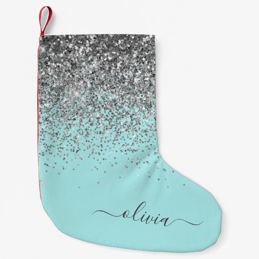 Silver Aqua Blauwgroen Blue Girly Glitter Monogram Kleine Kerstsok (Voorkant)
