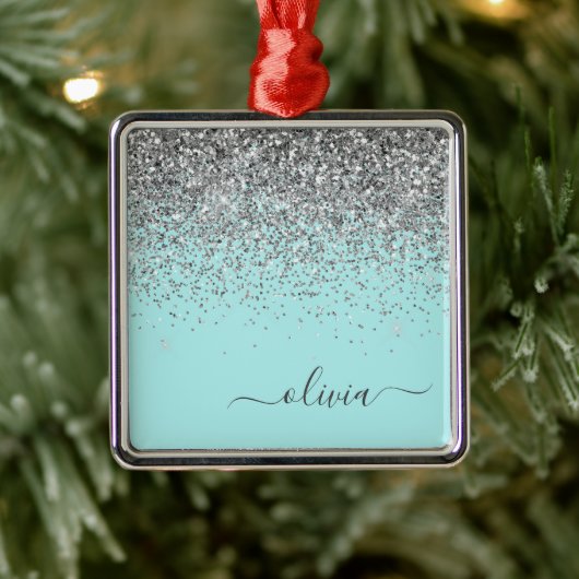 Silver Aqua Blauwgroen Blue Girly Glitter Monogram Metalen Ornament (Boom)