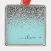 Silver Aqua Blauwgroen Blue Girly Glitter Monogram Metalen Ornament (Voorkant)