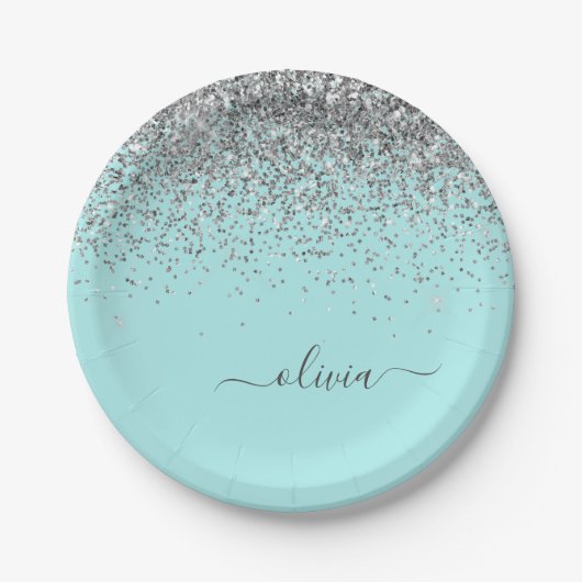 Silver Aqua Blauwgroen Blue Girly Glitter Monogram Papieren Bordje (Voorkant)