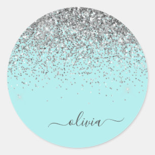 Silver Aqua Blauwgroen Blue Girly Glitter Monogram Ronde Sticker