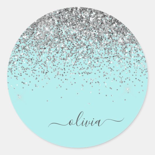Silver Aqua Blauwgroen Blue Girly Glitter Monogram Ronde Sticker (Voorkant)