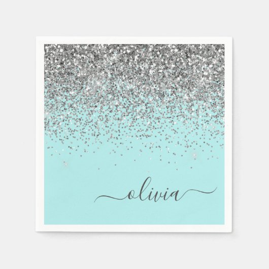 Silver Aqua Blauwgroen Blue Girly Glitter Monogram Servet (Voorkant)