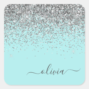 Silver Aqua Blauwgroen Blue Girly Glitter Monogram Vierkante Sticker