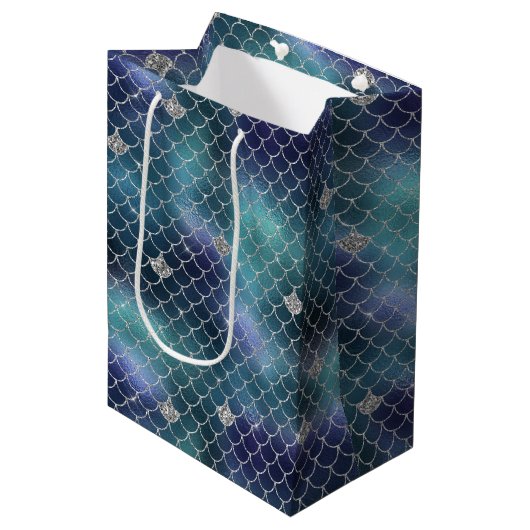 Silver Aqua Blue Mermaid Medium Cadeauzakje (Voorkant Gekanteld)