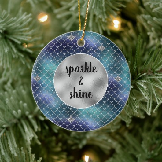 Silver Aqua Blue Zeemeermin Glitz Keramisch Ornament (Boom)