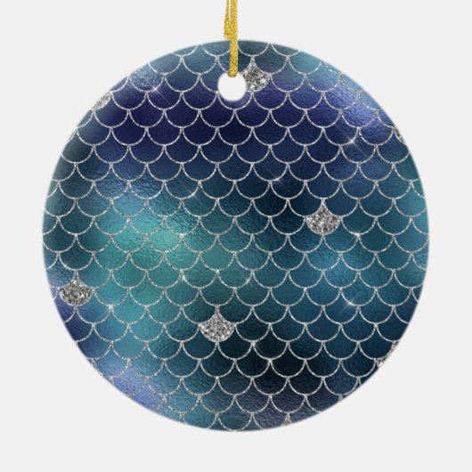 Silver Aqua Blue Zeemeermin Glitz Keramisch Ornament (Achterkant)
