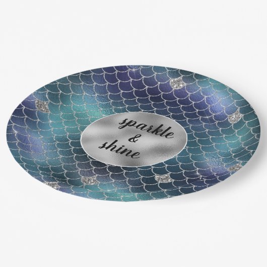 Silver Aqua Blue Zeemeermin Glitz Papieren Bordje (Gekanteld)