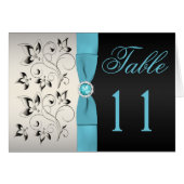 Silver, Aqua en Black Floral Table Number Card (Voorkant Horizontaal)