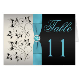 Silver, Aqua en Black Floral Table Number Card