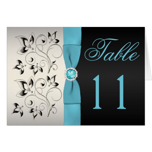 Silver, Aqua en Black Floral Table Number Card (Voorkant Horizontaal)
