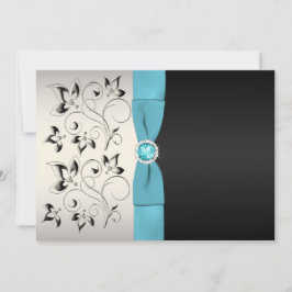 Silver, Aqua en Black Floral Wedding Invitation Kaart