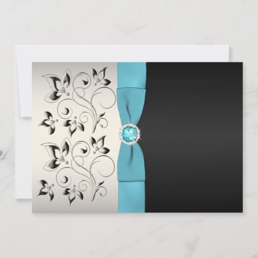 Silver, Aqua en Black Floral Wedding Invitation Kaart (Voorkant)