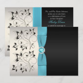 Silver, Aqua en Black Floral Wedding Invitation Kaart (Voorkant / Achterkant)