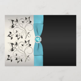 Silver, Aqua en Black Floral Wedding Invitation Kaart