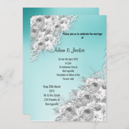 Silver Aqua Floral LACE ELEGANT MODERN WEDDING Kaart (Voorkant / Achterkant)