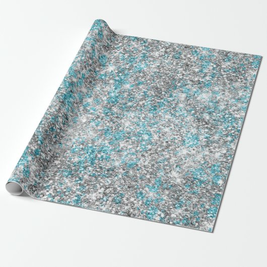 Silver Aqua Glam Glitter Cadeaupapier (Uitgerold)