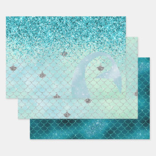 Silver Aqua Glitter Mermaid Waterverf Inpakpapier Vel
