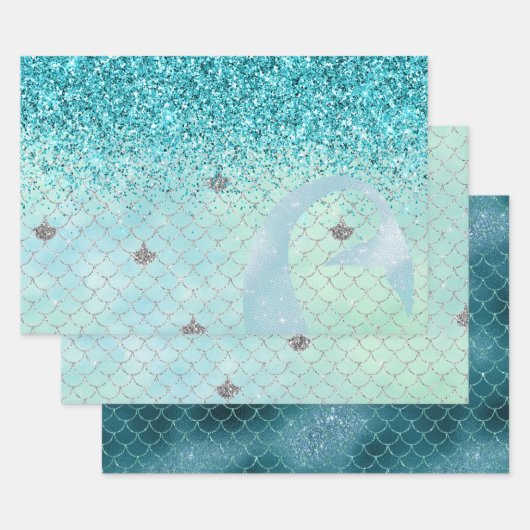 Silver Aqua Glitter Mermaid Waterverf Inpakpapier Vel (Set)