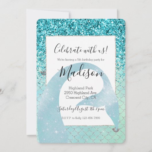 Silver Aqua Glitter Zeemeermin Waterverf Kaart (Voorkant)