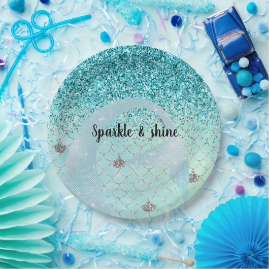 Silver Aqua Glitter Zeemeermin Waterverf Papieren Bordje (Feest)
