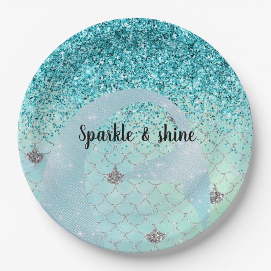 Silver Aqua Glitter Zeemeermin Waterverf Papieren Bordje (Voorkant)