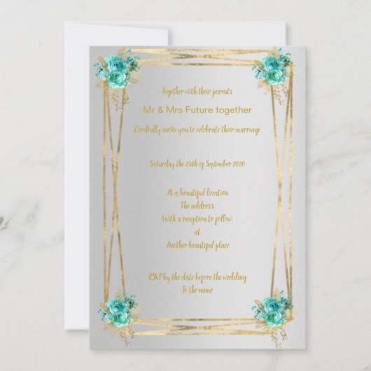 SILVER AQUA GOLD ELEGANT WEDDING INVITATION KAART (Voorkant)